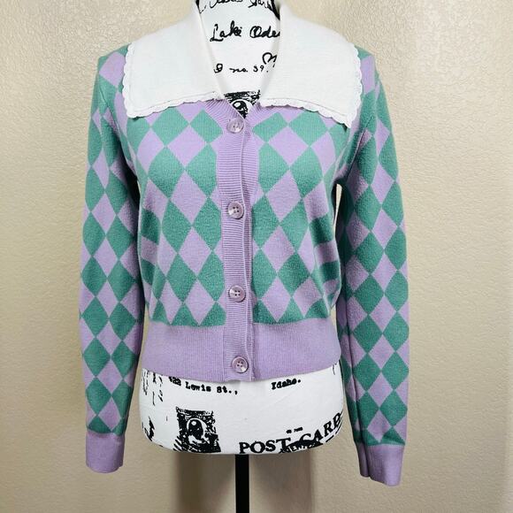 Y.A.S collar detail cardigan in lilac /green checkerboard size M retro academia - Picture 9 of 14